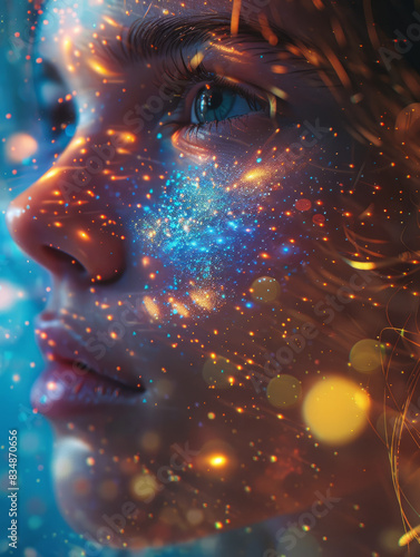 Young woman's face with glowing, magical, digital effects.