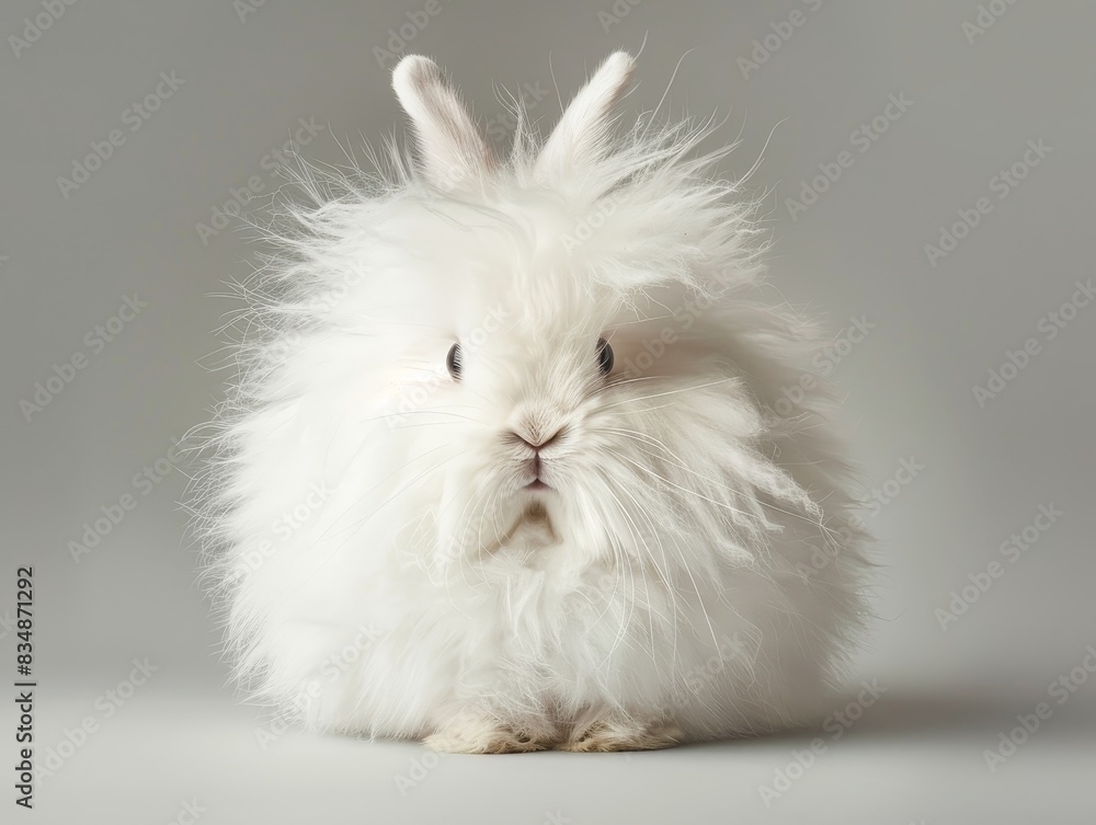A fluffy Angora rabbit with its soft, woolly coat, sitting serenely in the studio. A fluffy Angora rabbit with its soft, woolly coat, sitting serenely in the studio.