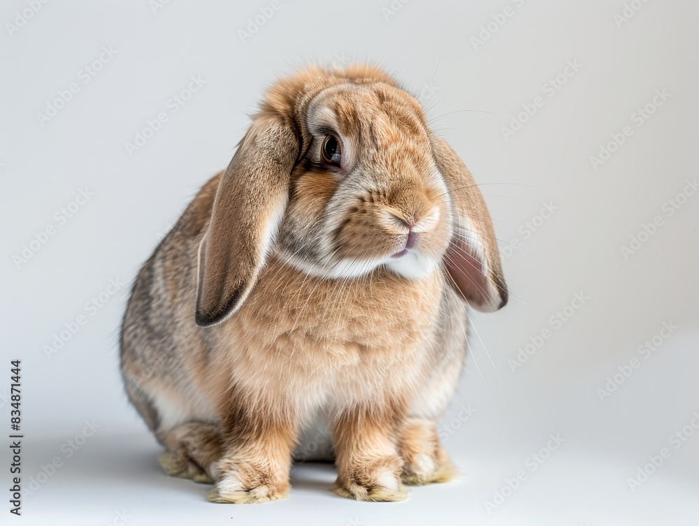 A Holland Lop rabbit with its distinctive floppy ears and fluffy coat, sitting calmly on a white background. A Holland Lop rabbit with its distinctive floppy ears and fluffy coat, sitting calmly on a white background.