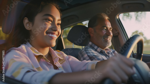 A happy smiling young woman and an elderly man are driving in a car, a woman is driving. Driving instructor