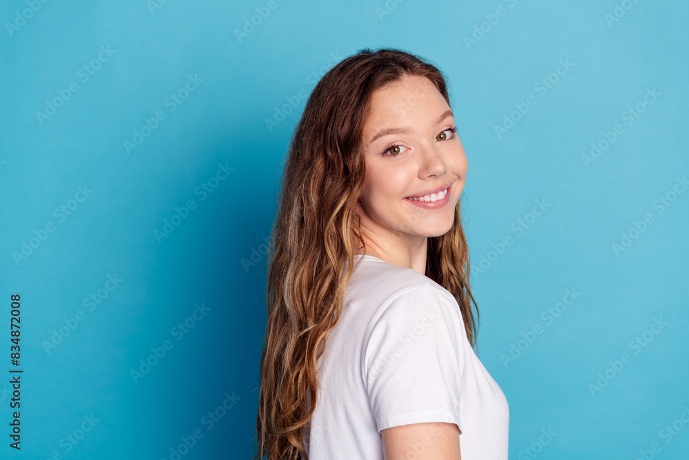 Fototapeta premium Photo of pretty cheerful cute girl wear white stylish pajama empty space isolated on blue color background