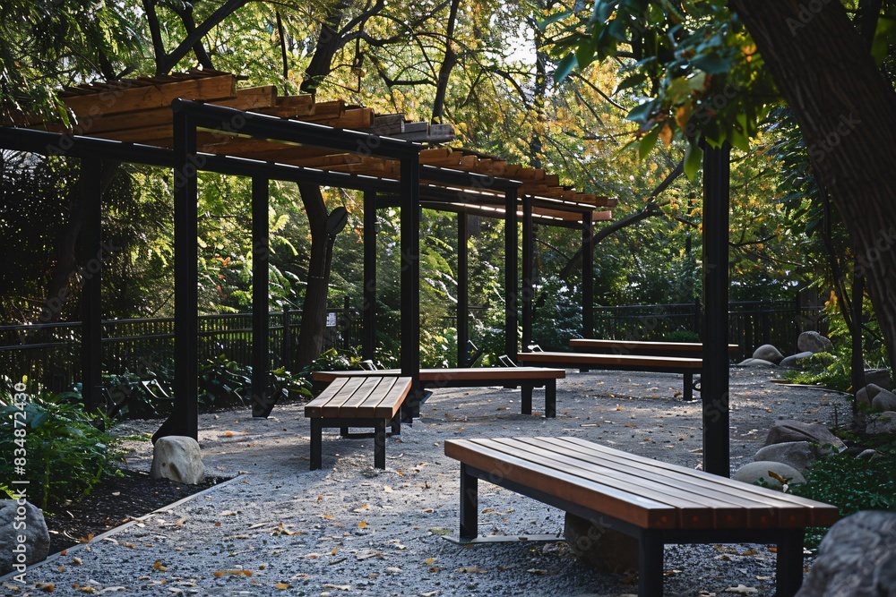 Multiple park benches, trees in backdrop