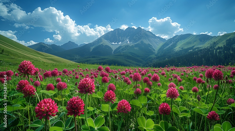 Serene summer meadow with red clover flowers and a distant mountain range, offering ample copy space for text Serene summer meadow with red clover flowers and a distant mountain range, offering ample copy space for text