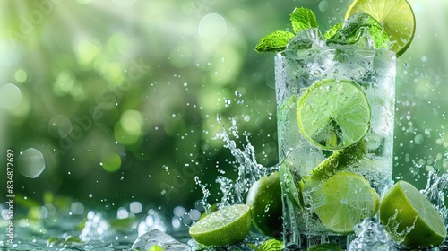 Ice-cold Mojito cocktail with mint and lime explosion, and splashes, panoramic green banner with copy space