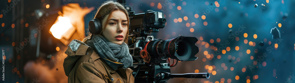 A woman is filming an action scene with a professional camera, capturing the intensity of the event A woman is filming an action scene with a professional camera, capturing the intensity of the event