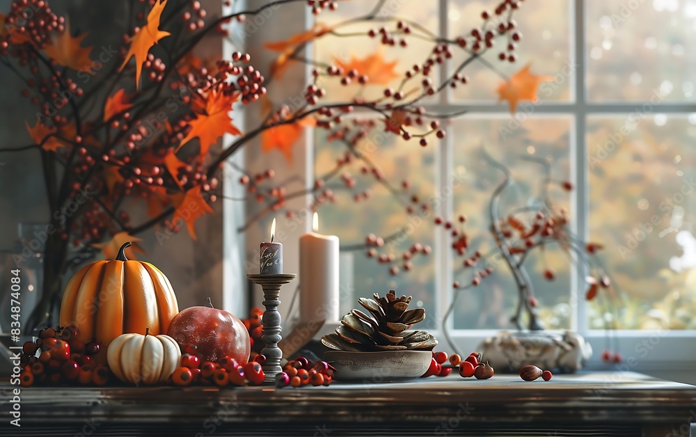 A vases and pumpkins on a table A vases and pumpkins on a table