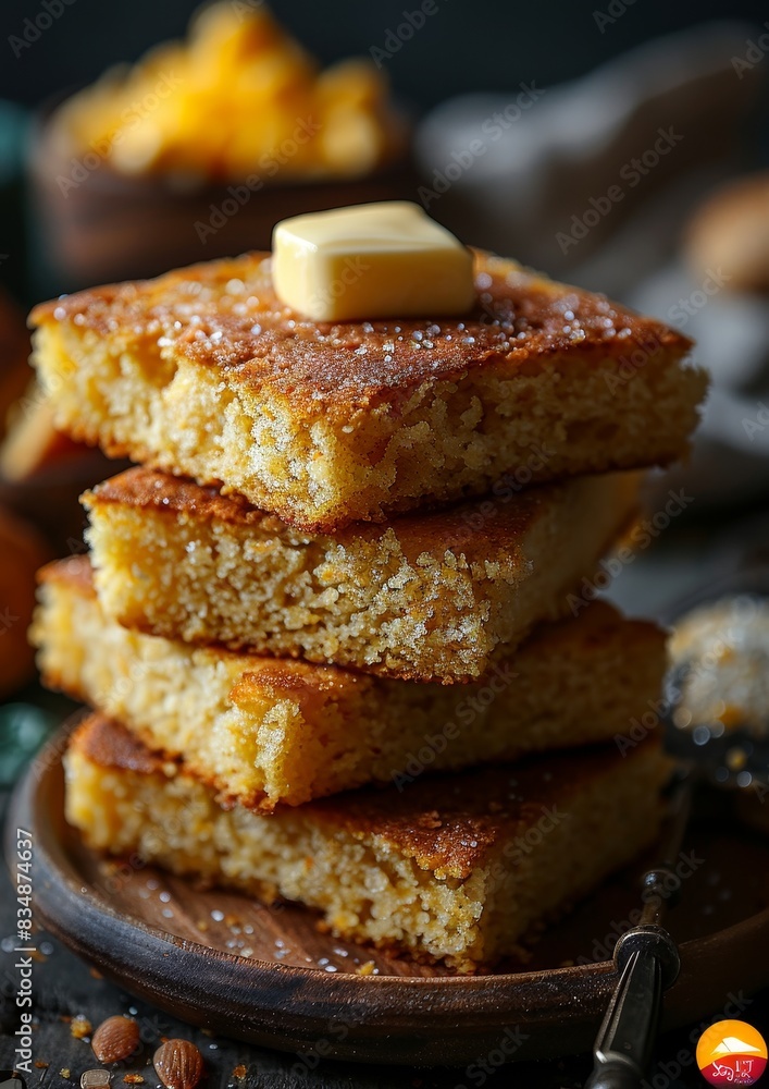 Cornbread - Moist cornbread slices with a pat of butter melting on top. Cornbread - Moist cornbread slices with a pat of butter melting on top.