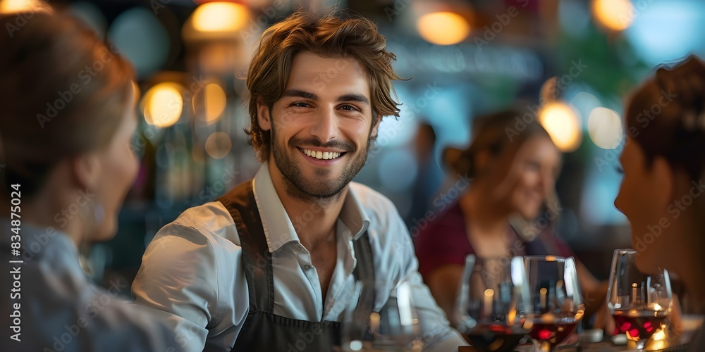 Stylish man with a warm smile serving customers at an upscale bar. Concept Customer Service, Upscale Environment, Smiling Faces, Stylish Man, Bar Environment Stylish man with a warm smile serving customers at an upscale bar. Concept Customer Service, Upscale Environment, Smiling Faces, Stylish Man, Bar Environment