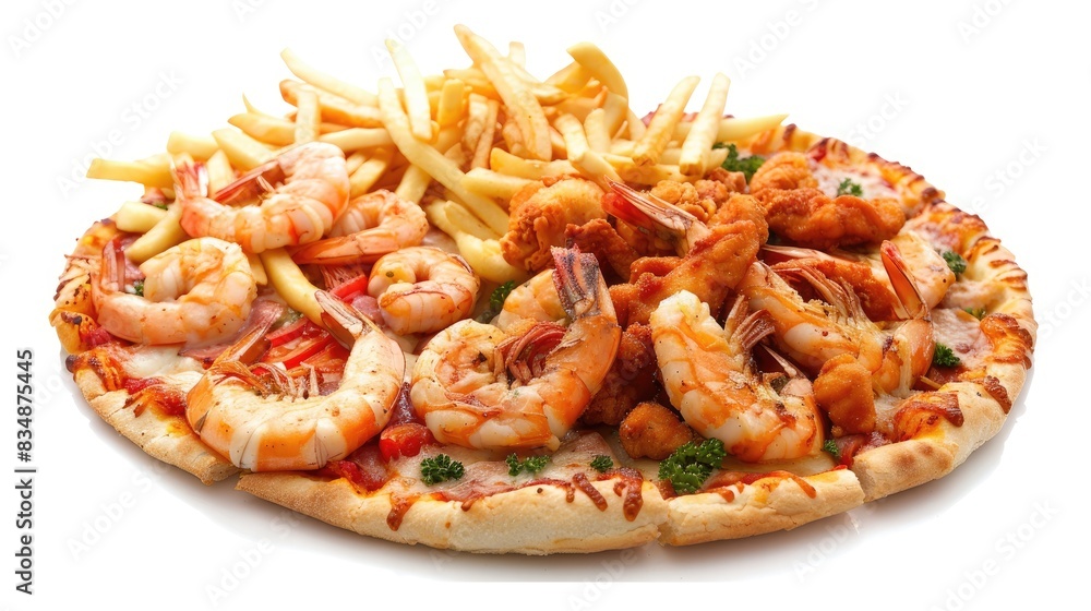 a set of fast food items including French fries, chicken wings, pizza, shrimp pieces, and a hot dog, isolated on a white background. a set of fast food items including French fries, chicken wings, pizza, shrimp pieces, and a hot dog, isolated on a white background.