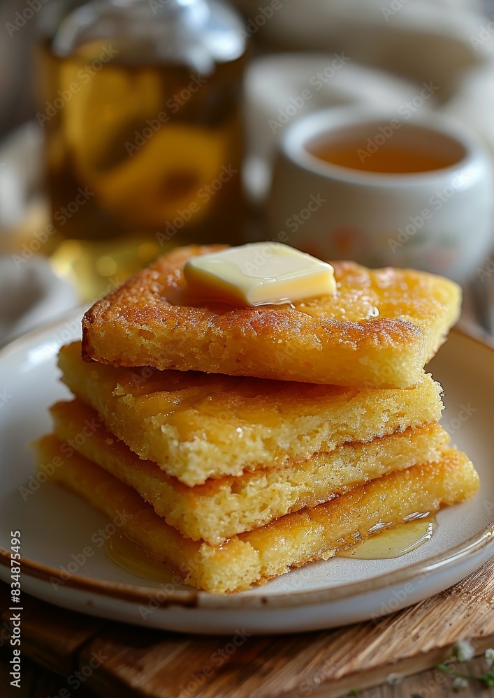 Cornbread - Moist cornbread slices with a pat of butter melting on top. Cornbread - Moist cornbread slices with a pat of butter melting on top.