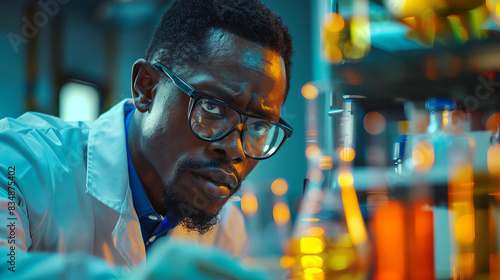 A focused scientist in a lab coat and glasses works intently in a dimly lit laboratory, surrounded by beakers and colorful liquids.