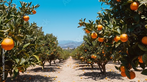 photo of an orange grove in the desert rows of trees