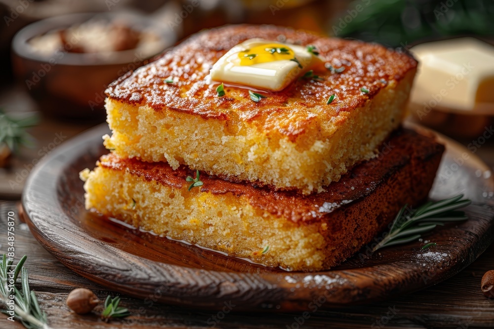 Cornbread - Moist cornbread slices with a pat of butter melting on top. Cornbread - Moist cornbread slices with a pat of butter melting on top.