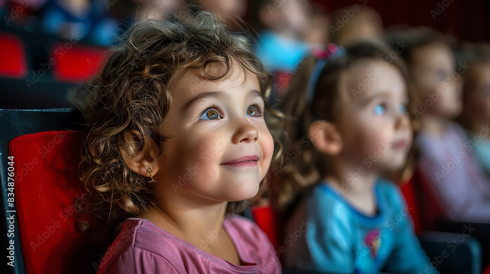 A young girl with curly hair sits in a theater seat, captivated by the performance in front of her. A young girl with curly hair sits in a theater seat, captivated by the performance in front of her.