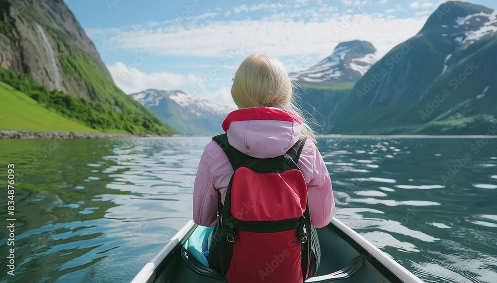 Woman with red backpack paddle canoe Woman with red backpack paddle canoe