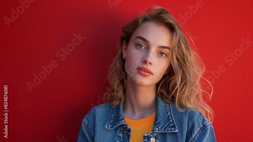 university student photographed against red wall