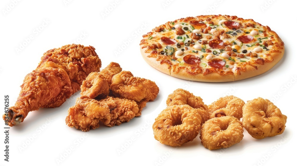 a set of fast food items including French fries, chicken wings, pizza, shrimp pieces, and a hot dog, isolated on a white background. a set of fast food items including French fries, chicken wings, pizza, shrimp pieces, and a hot dog, isolated on a white background.