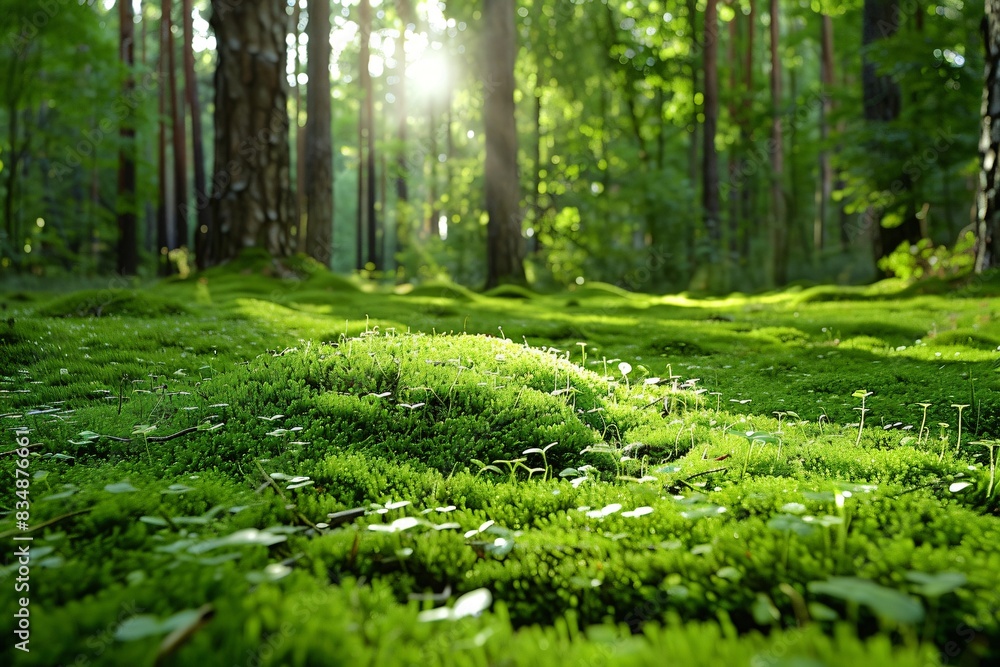 Fototapeta premium Close view dense green woods, trees grass