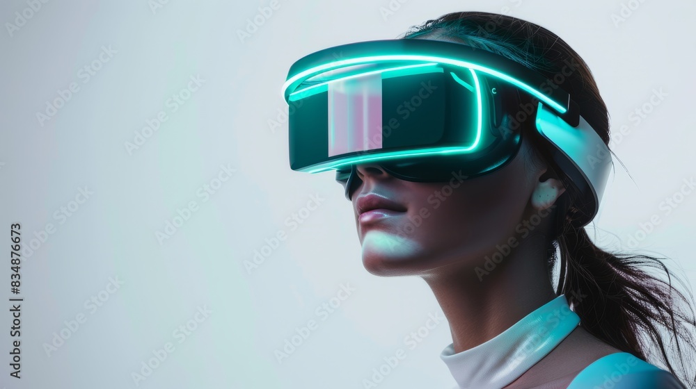 woman wearing futuristic rounded VR glasses rounded in white background