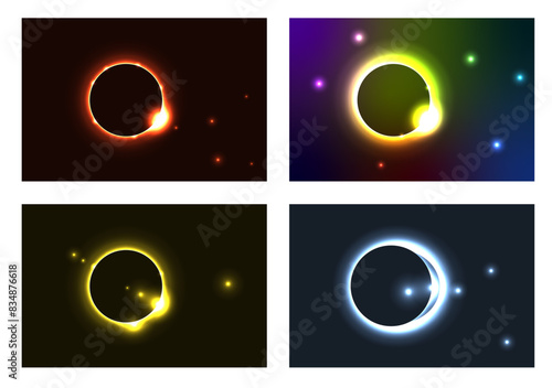 Set of solar eclipse effect. Vector illustration of a solar eclipse in a dark sky.