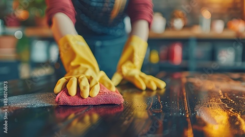 Female cleaner hands in gloves close up housewife woman
