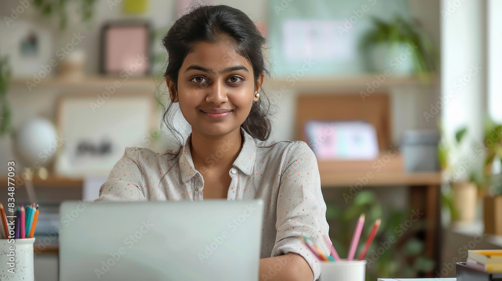 young happy indian woman using laptop at home