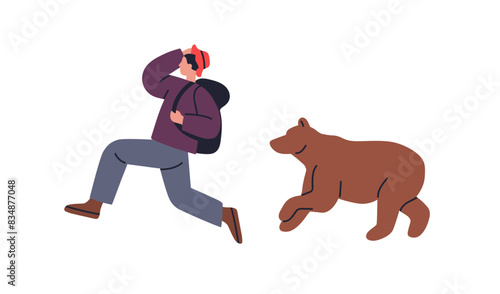 Tourist chased by bear. Man running away fast, escaping from forest beast, wild animal, dangerous predator. Backpacker in risk. Wildlife threat. Flat vector illustration isolated on white background