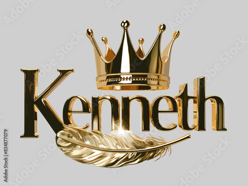 Kenneth Name Logo Design Background, Kenneth Name in Elegant Font, Gold Crown with feather, Vector Format photo