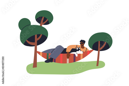 Man and dog relaxing in hammock. Summer holiday rest. Person enjoying leisure time with cute puppy, canine animal. Outdoor relaxation under trees. Flat vector illustration isolated on white background