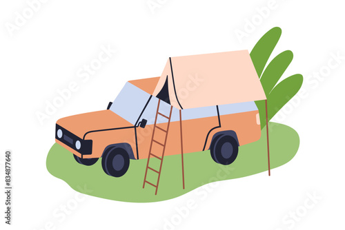 Camping tent with ladder, travel car. Camper vehicle, mobile dwelling transpo...
