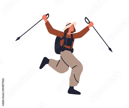 Woman hiking with trekking poles and backpack. Happy travel adventure. Female hiker, backpacker tourist climbing with sticks, enjoying holiday. Flat vector illustration isolated on white background
