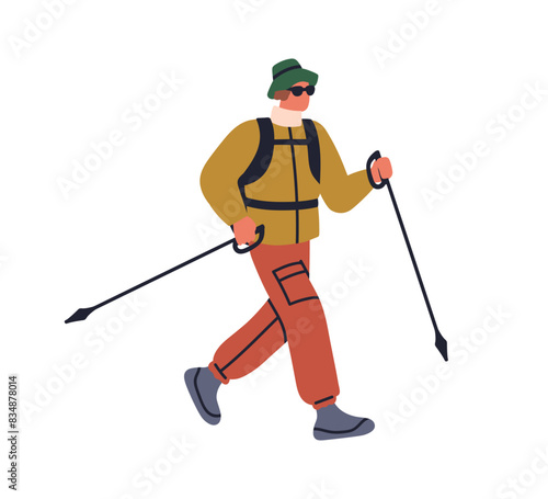 Hiker walking with trekking poles, sticks and backpack. Backpacker guy hiking...