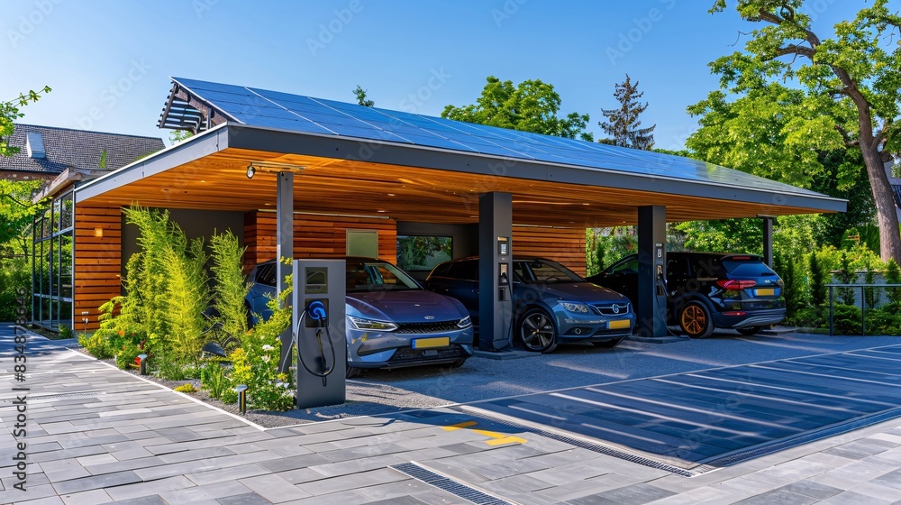 Eco-friendly garage with solar panels on roof, electric car charging stations, energy-efficient LED lighting, highlighting sustainable practices