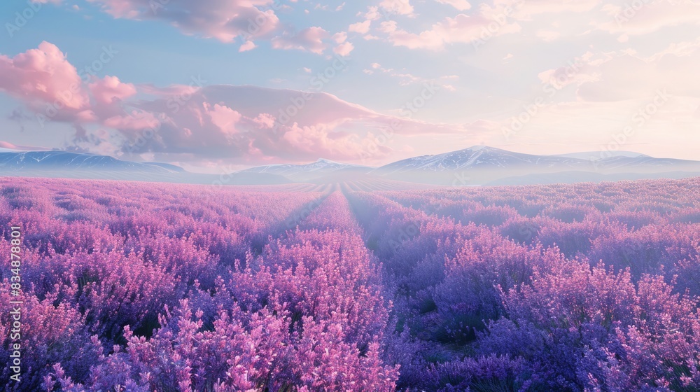 Ethereal 3D landscape with blooming lavender fields stretching towards the horizon, a serene and picturesque scene. 3D landscape terrain Ethereal 3D landscape with blooming lavender fields stretching towards the horizon, a serene and picturesque scene. 3D landscape terrain