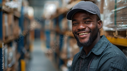 African American male loader in a clean uniform, smiling while lifting boxes in a warehouse. Minimalist setting, professional photography with sharp details, high resolution, no random objects 