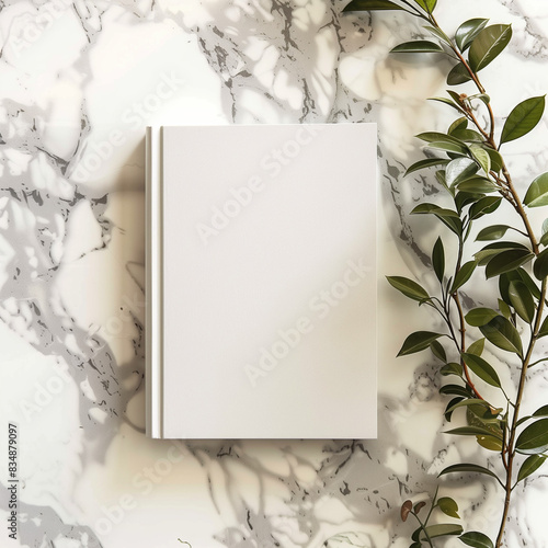 A blank white book with a plant