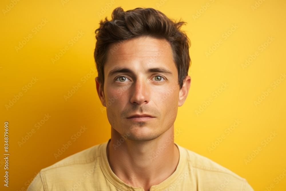 Photo of a man with a flirtatious gaze, aged 30 and older, against a light orange backdrop Photo of a man with a flirtatious gaze, aged 30 and older, against a light orange backdrop