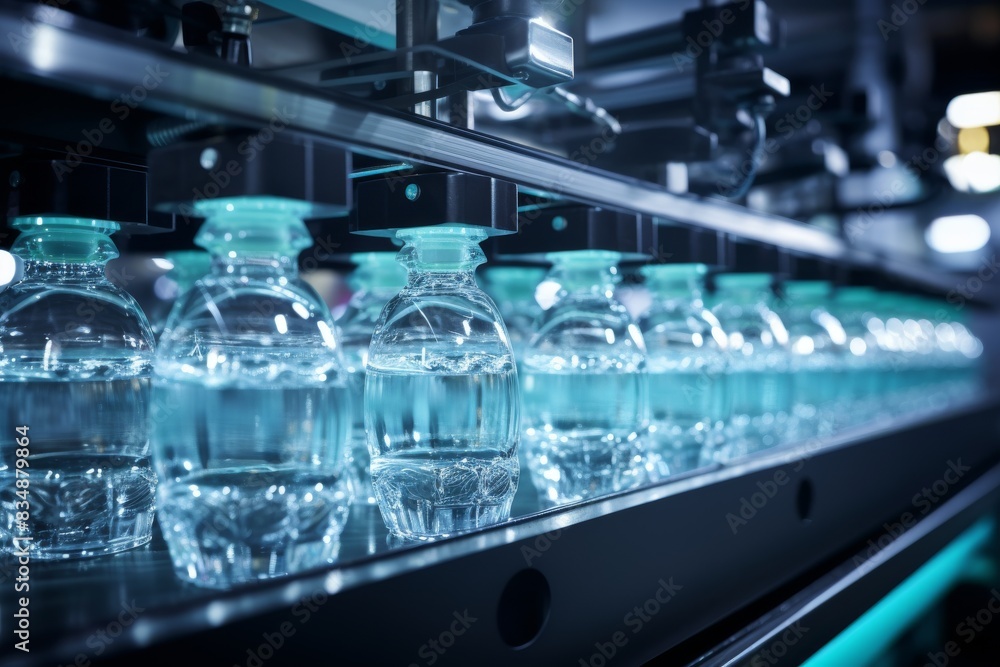 Advanced Bottling Production Line With Clear Water Bottles In Factory Setting. Generative AI Advanced Bottling Production Line With Clear Water Bottles In Factory Setting. Generative AI