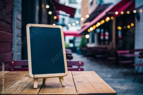 Blank Chalkboard Sign in a Cozy Outdoor Cafe Setting with String Lights