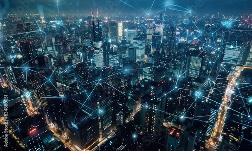 Futuristic cityscape with network connections and digital technology  aerial view of night metropolis with global connectivity concept
