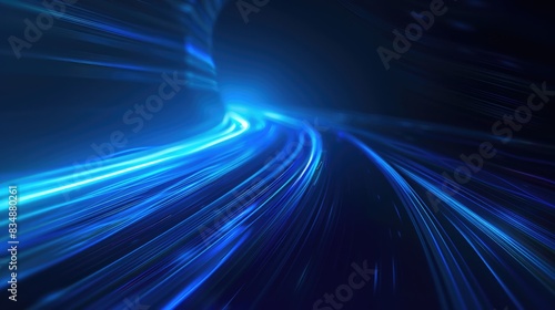 Blue Light Trail on Dark Background: Minimalist Design with Glowing Objects and Abstract Linear Perspective 