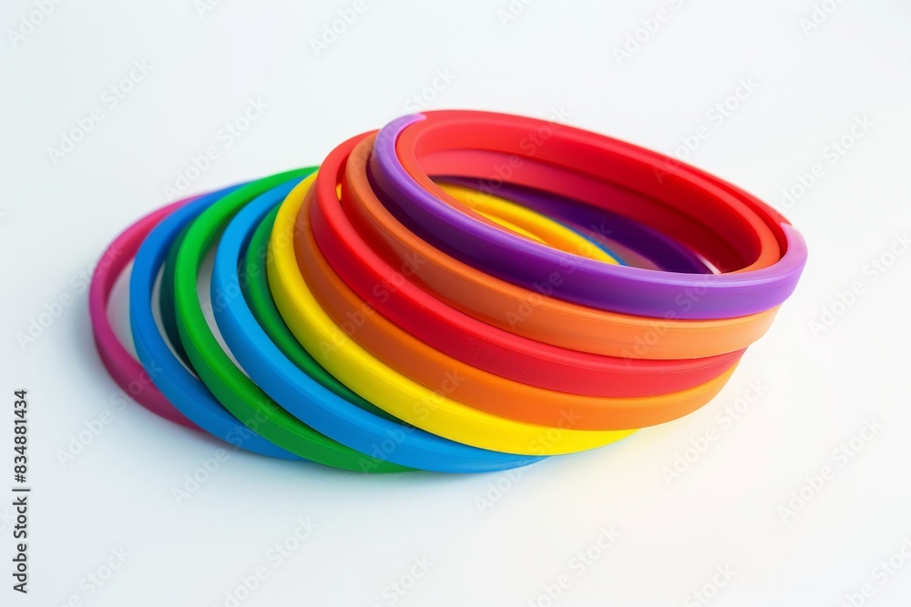 Colorful silicone wristbands stacked in a pile on a white background. Perfect for fashion, events, and promotional use. Colorful silicone wristbands stacked in a pile on a white background. Perfect for fashion, events, and promotional use.