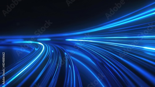 Blue Light Trail on Dark Background: Minimalist Design with Glowing Objects and Abstract Linear Perspective 