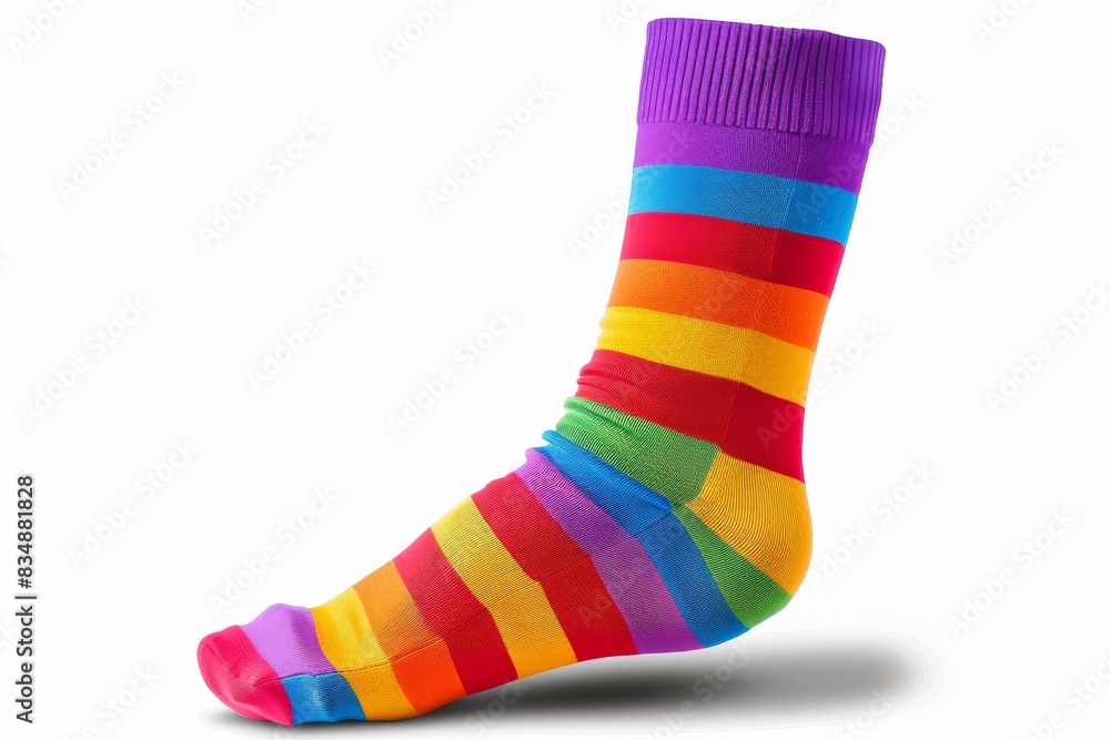 Colorful striped sock in rainbow shades, isolated on white background. Bright and vibrant fashion accessory for any wardrobe. Colorful striped sock in rainbow shades, isolated on white background. Bright and vibrant fashion accessory for any wardrobe.