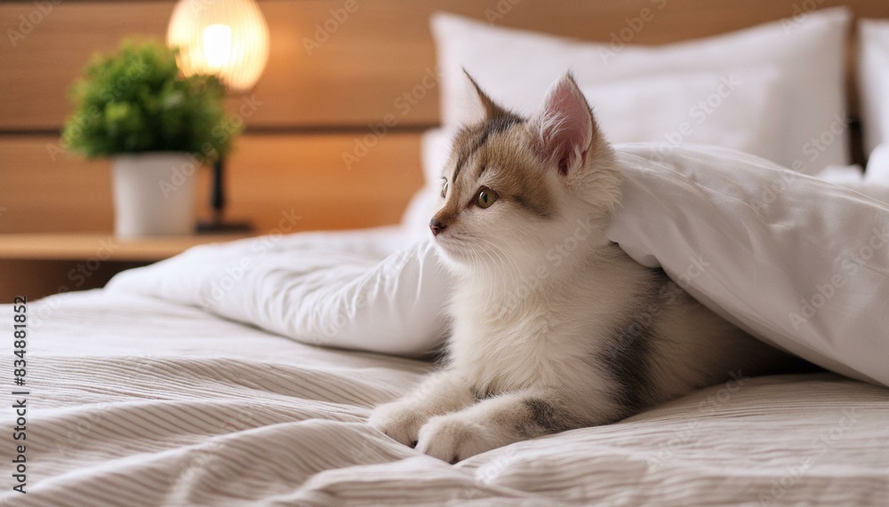 飼い主のベッドの上でくつろぐ子猫 飼い主のベッドの上でくつろぐ子猫