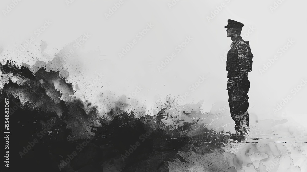 Fototapeta premium Black and white watercolor painting of a soldier standing solemnly, evoking emotions of honor, duty, and reflection.