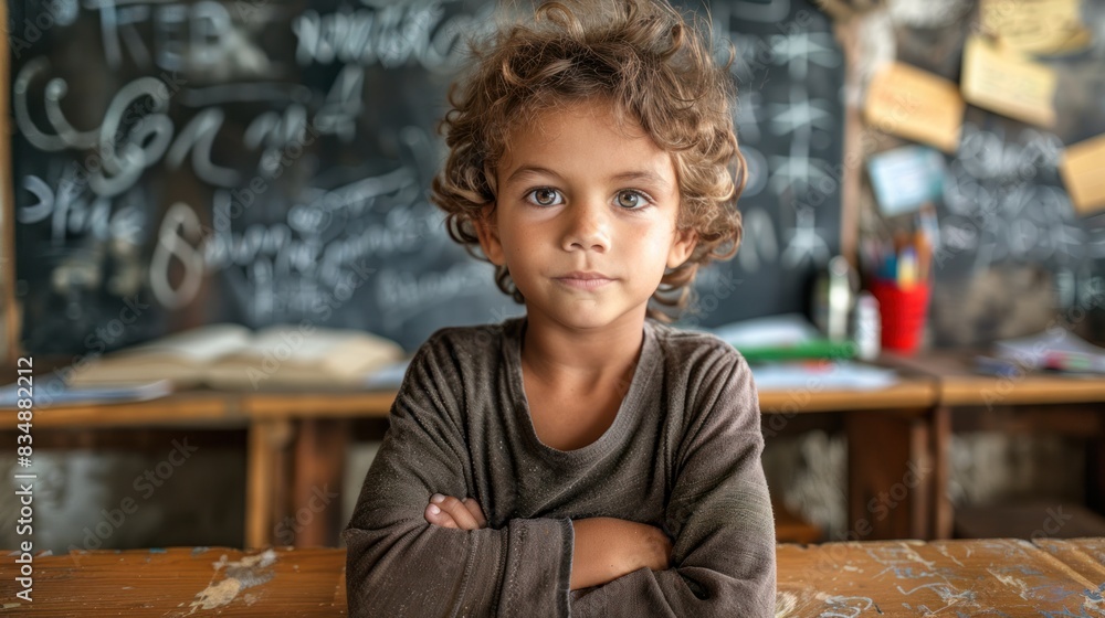 Kid in class on background of blackboard Kid in class on background of blackboard