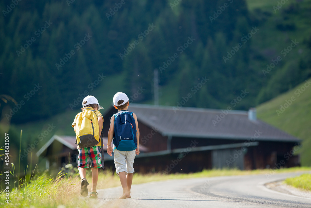 Two little children, boy brothers with backpacks travel on the road to scenic mountains Two little children, boy brothers with backpacks travel on the road to scenic mountains