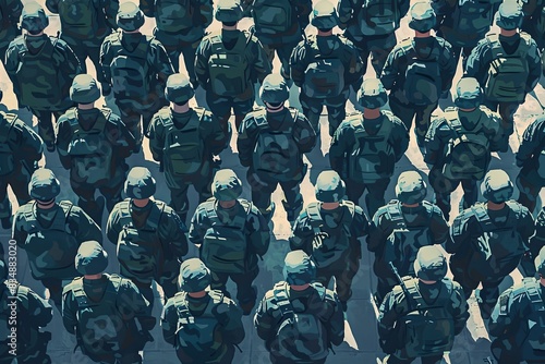 Top view of soldiers in camouflage uniforms standing in formation, showcasing military unity, discipline, and teamwork.