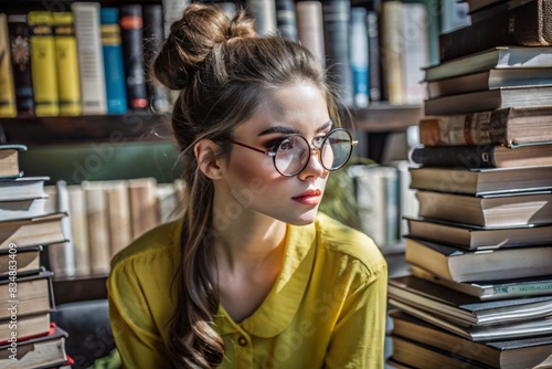 Reading, preparing for exams. Admission to the Institute. A young girl with glasses among many books in the interior of the living room, sitting at home in natural light.